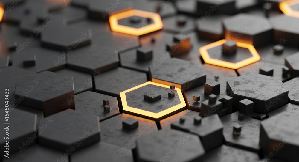 Poster Abstract 3D rendering of dark gray hexagonal shapes with orange glowing outlines, creating a technological or futuristic texture suitable for background or mockup
