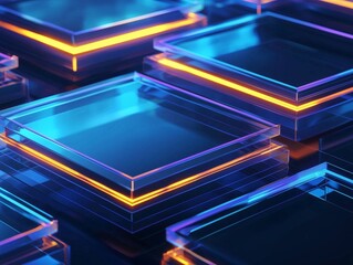 Abstract Technology Background with Futuristic Glowing Elements on Transparent Glass Cube Layers