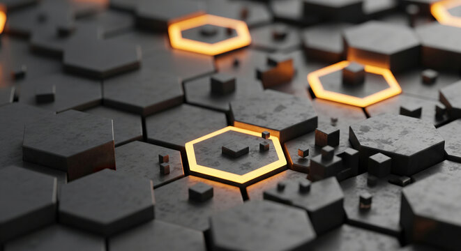 Abstract 3D rendering of dark gray hexagonal shapes with orange glowing outlines, creating a technological or futuristic texture suitable for background or mockup - Powered by Adobe
