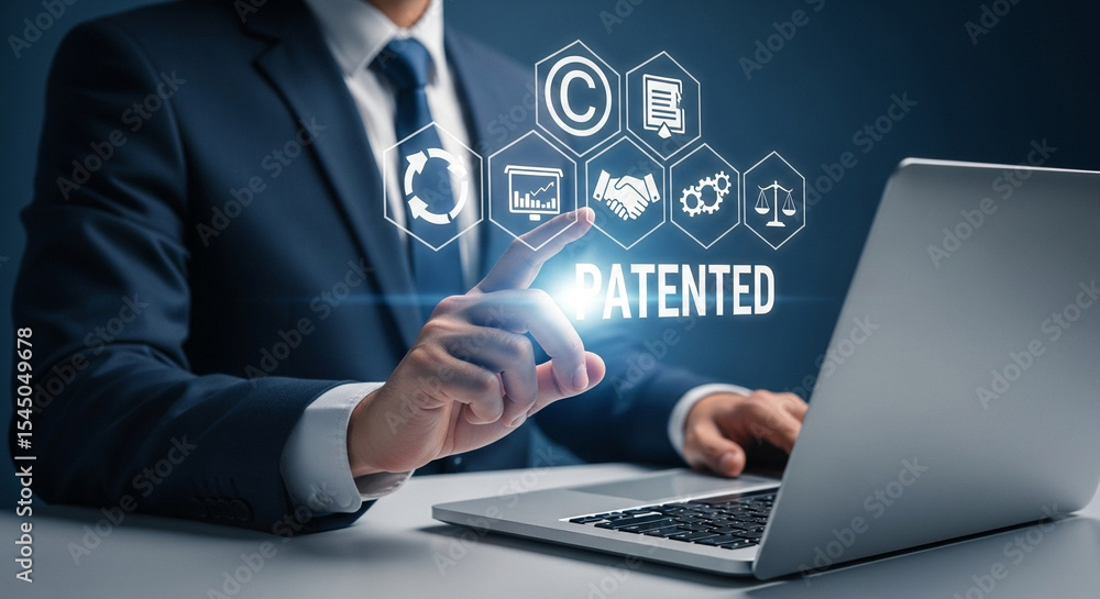 Poster a man in a suit interacting with a laptop and digital icons related to patents and copyright law