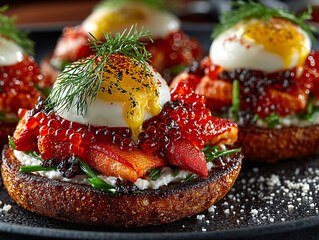 gourmet dish with a base of bread, topped with fresh strawberries, spinach, and a generous dollop of whipped cream topped with black caviar. The dish is garnished with edible flowers and a sprinkle of