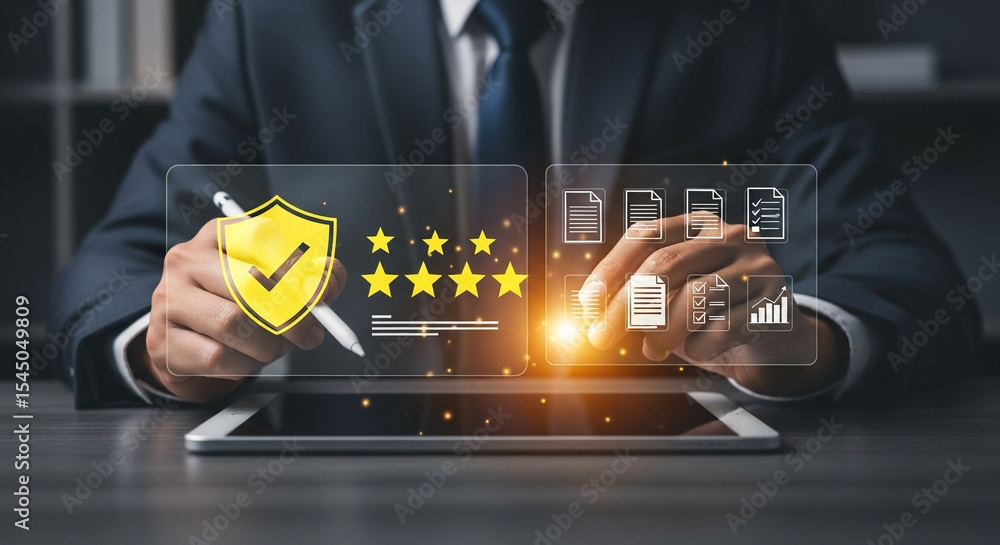 Poster Person using a tablet displaying a shield icon with checkmark and document icons for business process