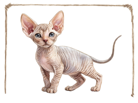 A cute hairless sphynx kitten stands isolated on transparent background