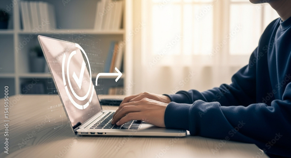 Poster person typing on laptop with checkmark icon and arrow overlay in bright indoor environment setting