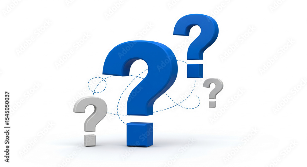 Poster three-dimensional blue and gray question marks, interconnected, on white background, symbolizing inq