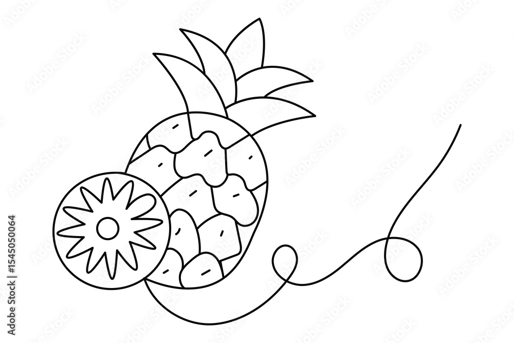 Poster pineapple continuous one line drawing in minimalist style isolate outline illustration