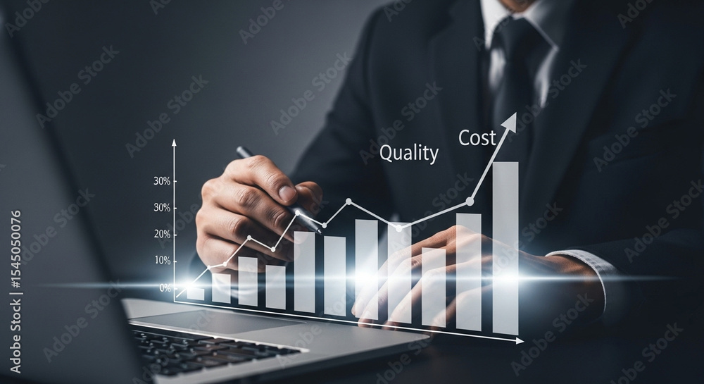Aufkleber businessman analyzing a rising graph on a laptop screen with quality and cost indicators seen