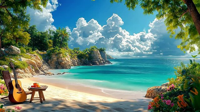 An idyllic tropical beach scene. A guitar rests against a wooden chair on the soft, white sand next to a small table.