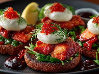 gourmet dish with a base of bread, topped with fresh strawberries, spinach, and a generous dollop of whipped cream topped with black caviar. The dish is garnished with edible flowers and a sprinkle of