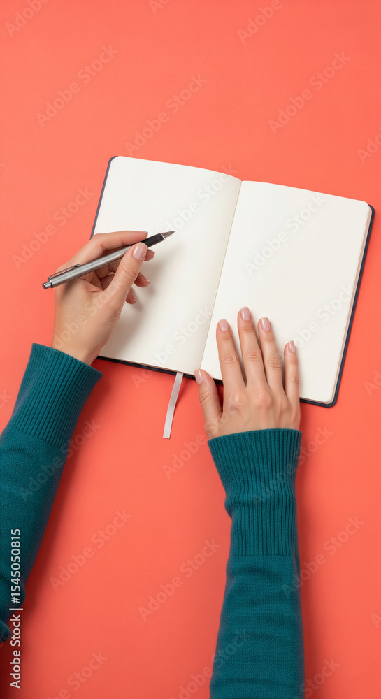 Poster overhead view of hands in teal sweater writing in blank notebook on coral background mockup for text