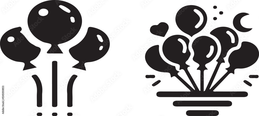 Poster two balloon icons in black and white showing a group of balloons with strings and a heart and moon