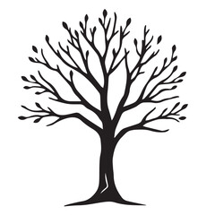 Obraz premium A black vector illustration of a bare tree with numerous branches and small buds, representing nature, growth, or the changing seasons.