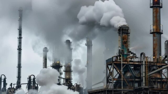 Industrial plant with smoking chimneys emitting thick pollution into grey sky, environmental pollution concept.