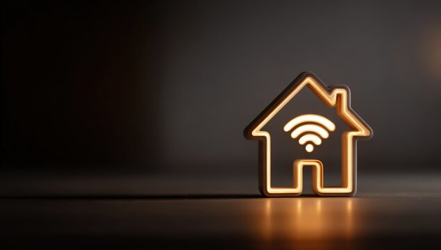 Smart Home Connection: A stylized, illuminated house icon, featuring the wifi symbol, suggests modern living and connectivity.
