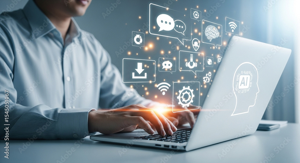 Poster Man typing on laptop with ai interface and communication icons overlaying the screen in a bright setting