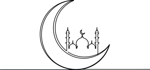 Continuous one line drawing of crescent moon and mosque. Vector illustration