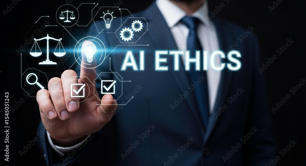 Aufkleber A man in a suit pointing at ai ethics text with scales and checkmarks in a digital interface overlay