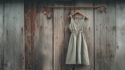 Vintage linen dress hanging on rusted iron hanger outdoors against old barn wall natural light