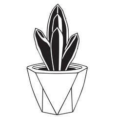 A black and white vector outline of a potted succulent plant with thick, pointed leaves in a geometric planter is centered on a white background.