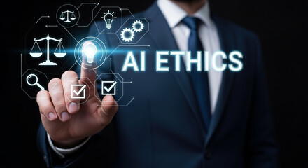 A man in a suit pointing at ai ethics text with scales and checkmarks in a digital interface overlay