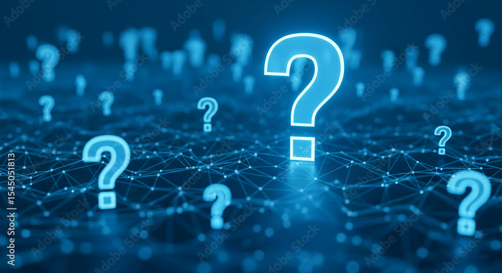 Poster glowing blue question marks on a dark blue network background, symbolizing inquiry, uncertainty, and