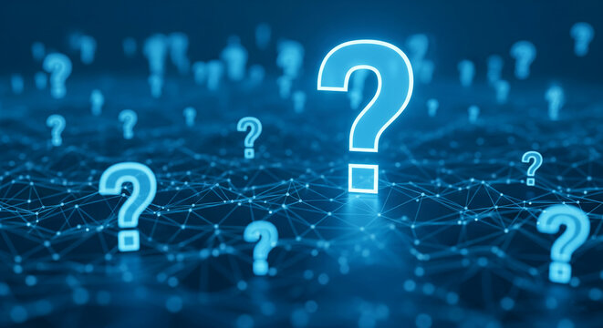 Glowing blue question marks on a dark blue network background, symbolizing inquiry, uncertainty, and data connection