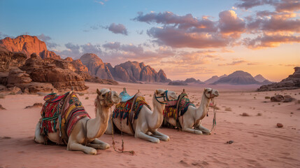 Three camels lie on desert sand with vibrant saddles at golden sunset, surrounded by dramatic rocks and distant mountains.