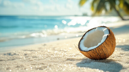 Half coconut rests on sunlit beach near turquoise water with blurred palm trees swaying in background under bright sky.