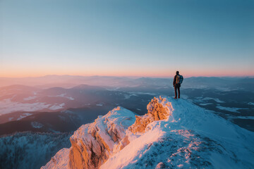 Hiker stands on snow-covered peak gazing at glowing sunrise above a vast winter mountain landscape under soft pastel sky.