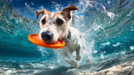 Playful dog swims underwater in clear tropical water holding bright frisbee, with bubbles and sunlight shining above.