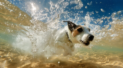 Dog captured mid-splash as it dives into shallow surf, with sunlight glistening through water and playful energy in motion.