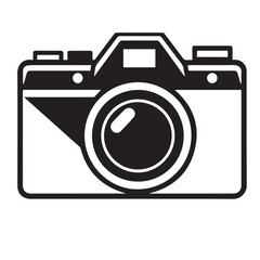  A bold black and white vector icon of a classic SLR camera with a prominent lens, representing photography, media, or capturing moments.