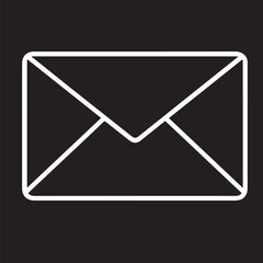 A white outline vector icon of a sealed envelope with a rounded rectangular shape is centered on a solid black background, representing communication.