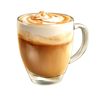 A glass mug filled with a creamy latte topped with frothy milk and a drizzle of caramel sauce.