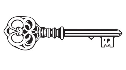 A detailed black and white vector illustration of an ornate, vintage skeleton key with an intricate bow and a classic bit.