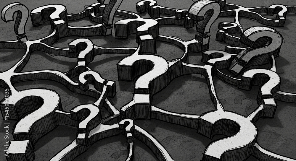Poster intricate sketch of numerous question marks, interconnected, forming a complex network, symbolizing 