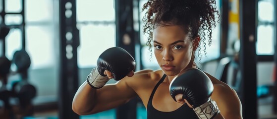 Focused female boxer training at the gym with boxing gloves, showcasing strength and determination