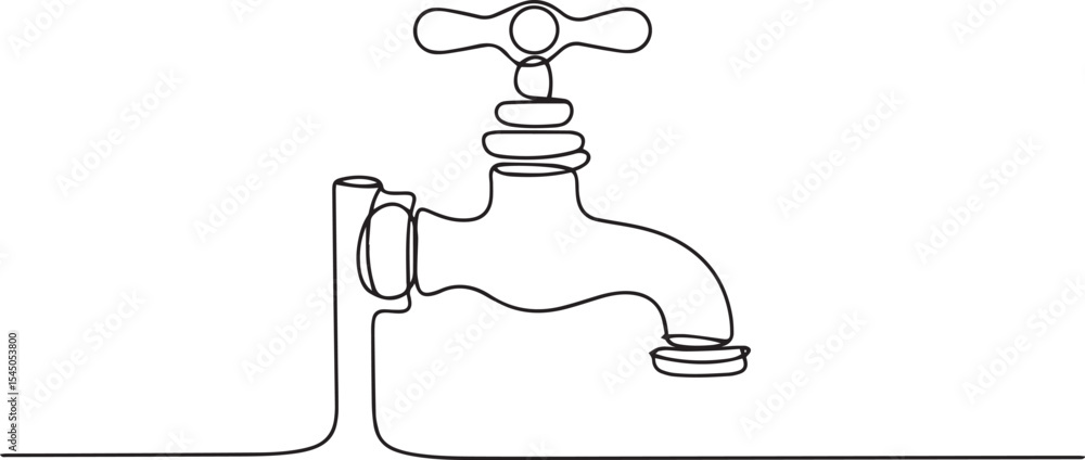 Poster continuous single line drawing of a vintage faucet with curved spout and cross handle design