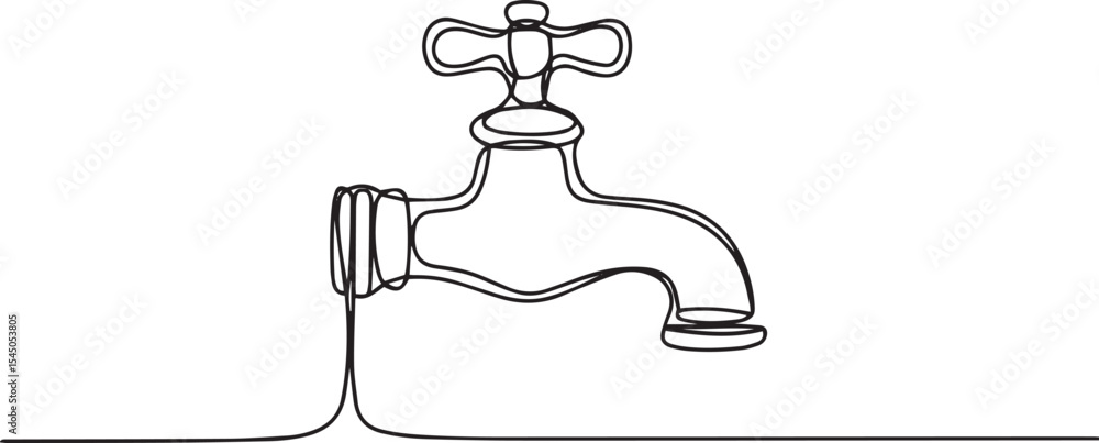 Poster continuous single line drawing of a vintage faucet with curved spout and cross handle design