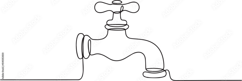 Poster continuous single line drawing of a vintage faucet with curved spout and cross handle design