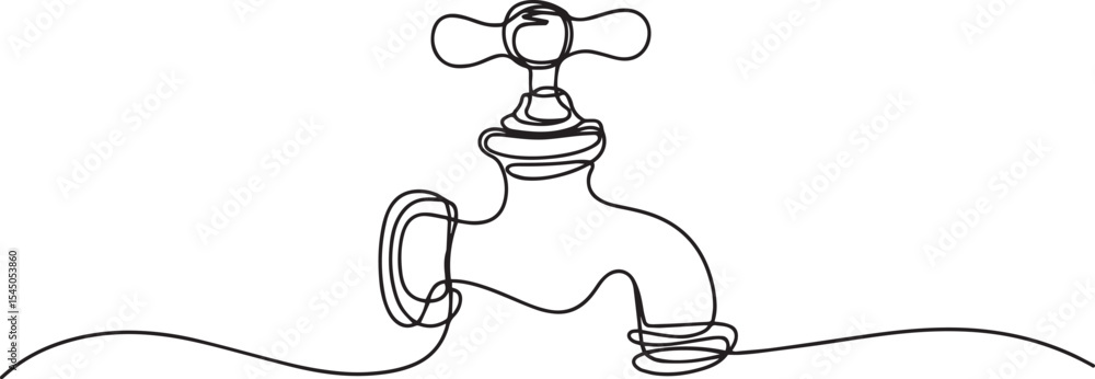 Poster continuous single line drawing of a vintage faucet with curved spout and cross handle design