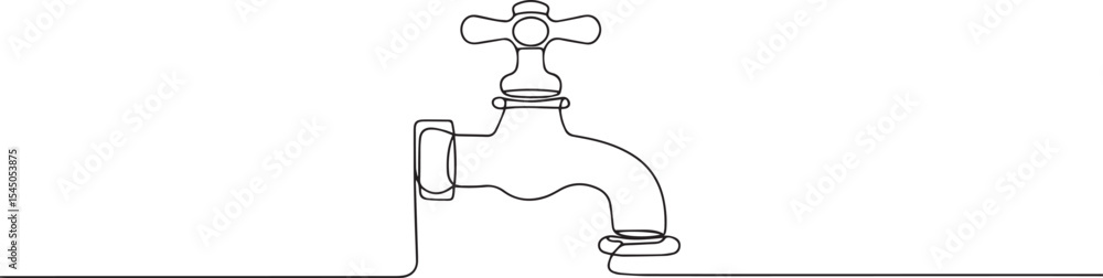 Poster continuous single line drawing of a vintage faucet with curved spout and cross handle design