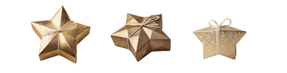 A set of three gold star-shaped gift boxes with various shades and shapes,  the designs include intricate geometric patterns on the paper and string wrapped around them for contrast.
