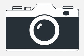 A two-tone vector illustration of a camera, featuring a prominent lens and a classic shape, perfect for symbolizing photography or media.