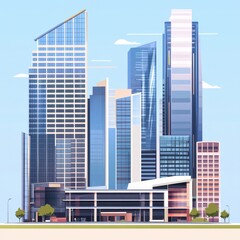 Obraz premium Modern Cityscape Elevation: Architectural Facades of New Mall, Business Offices, and Amenities in Flat Illustrative Style