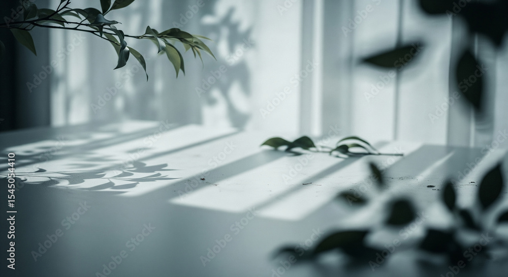 Poster light gray surface with green leaves and their shadows, creating a minimalist and serene scene, idea