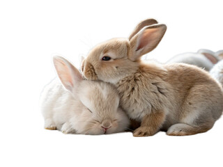 Obraz premium Two adorable fluffy rabbits cuddling together, one white and one brown, isolated on transparent background