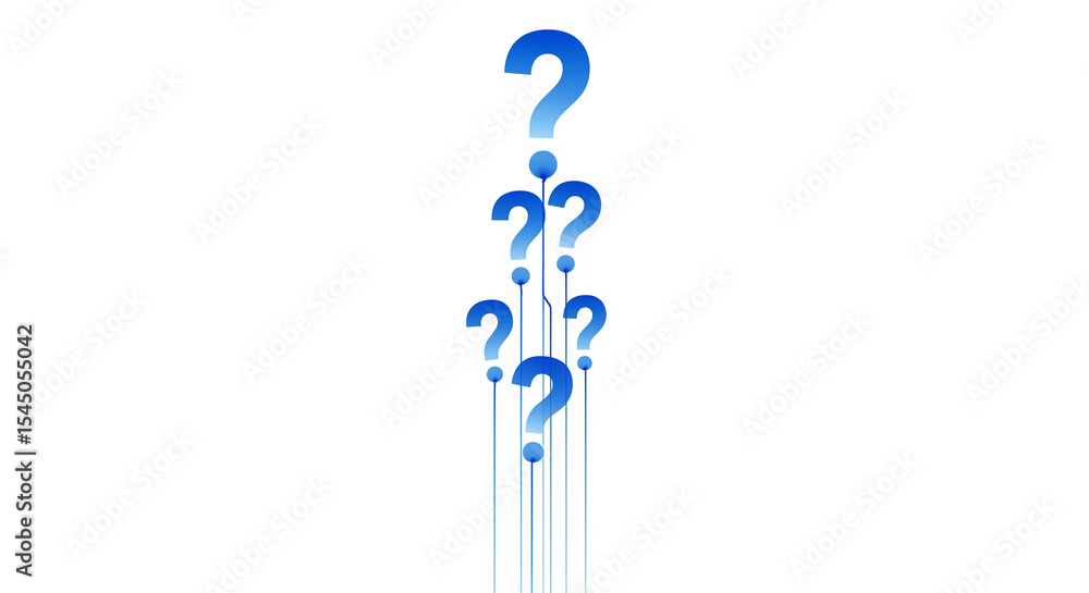 Poster Blue question marks connected by lines, forming a vertical pattern on white background, symbolizing inquiry, uncertainty, or problem-solving