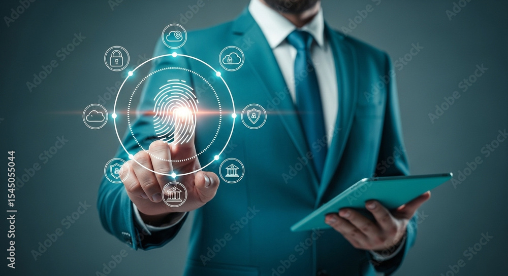 Aufkleber Man in suit using digital fingerprint technology with cloud and security icons on a tablet device