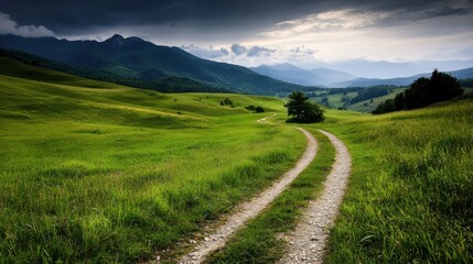 A winding dirt path cuts through lush green fields under a cloudy sky with distant mountains on the horizon.